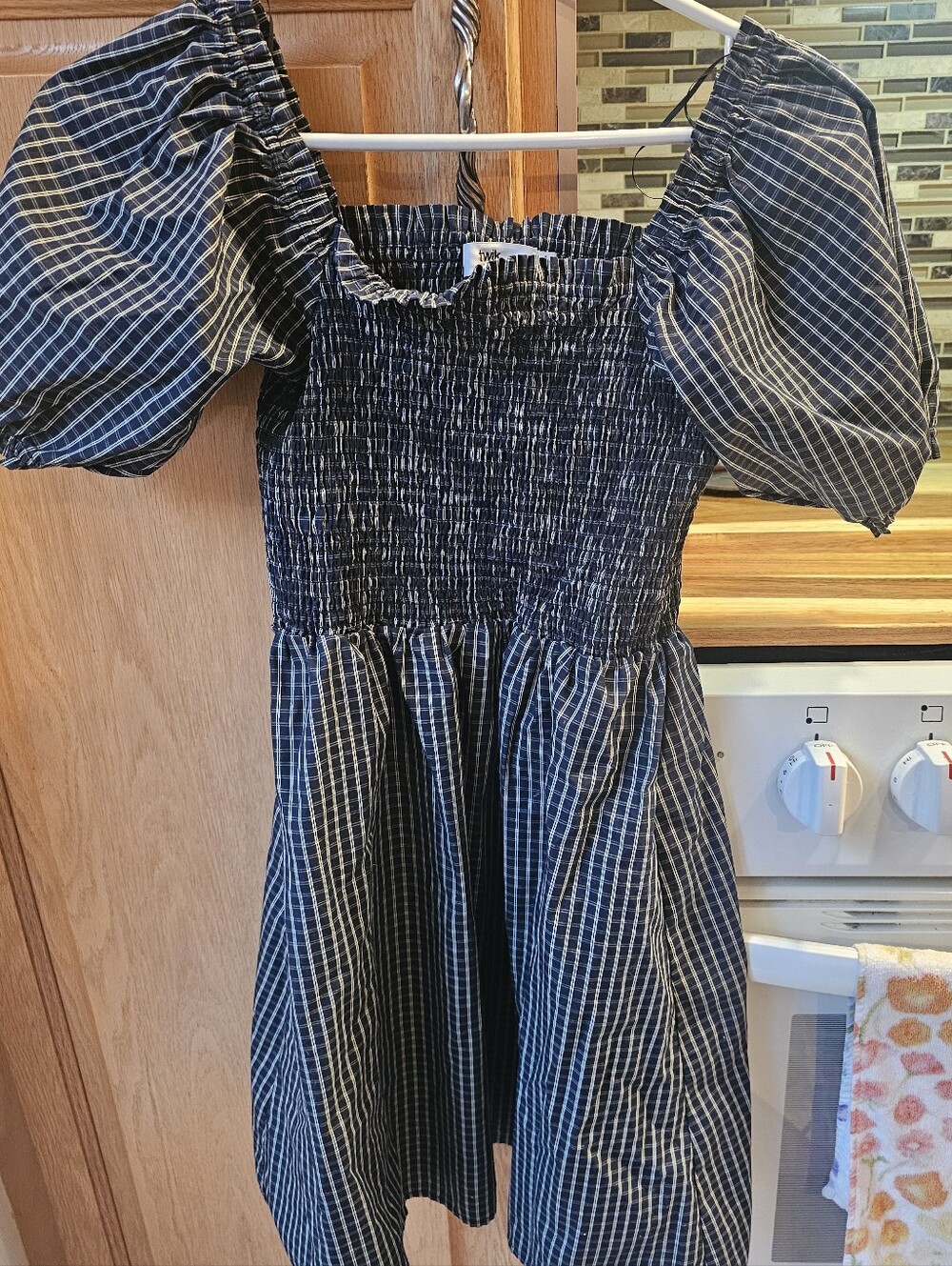 Twik Navy Blue Checked Smocked Puff-Sleeve Dress